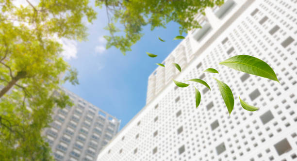 Fresh green leaves fluttering in the breeze. Eco-friendly green buildings in the modern city. Fresh green leaves fluttering in the breeze. Eco-friendly green buildings in the modern city. The contemporary building for reducing carbon dioxide. Office building with green environment. breeze block stock pictures, royalty-free photos & images