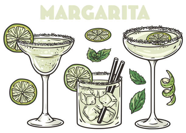 margarita koktejl vektor set s olivami, mátou a limetkou pro koktejlový bar nebo drink letní párty. martini koktejl s ginem, tequilou pro plážový bar a kavárenské menu - koktejl margarita stock ilustrace