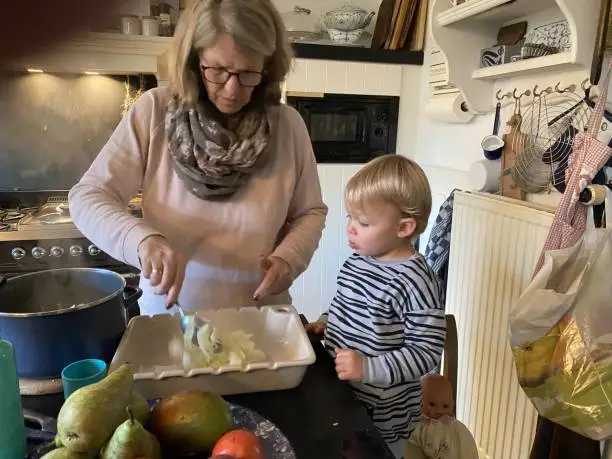 Photo of Toddler helping Grandmother making a stove
