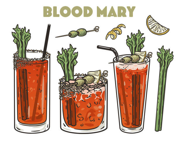 ilustraciones, imágenes clip art, dibujos animados e iconos de stock de conjunto de vectores de cóctel bloody mary con apio, aceituna y limón para bar de cócteles o fiesta de verano de bebidas. cóctel rojo sangriento con vodka para el menú del chiringuito y la cafetería - bloody mary