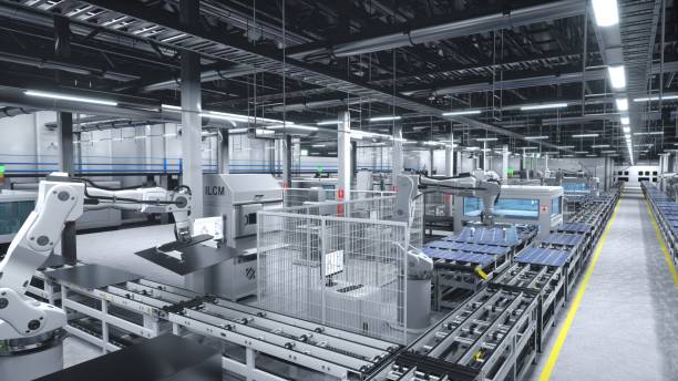 istock Heavy machinery in warehouse handling solar panels, 3D illustration 1997631291