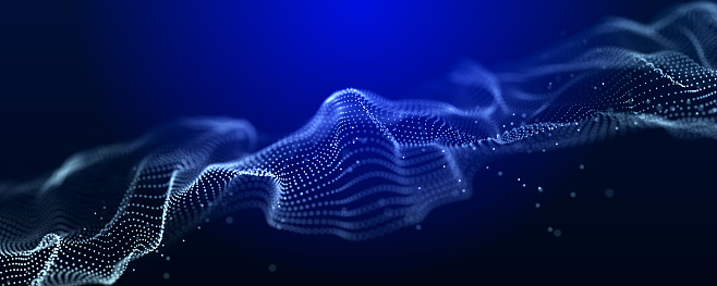 Futuristic wave of dots with moving particles. Abstract technology background. 3D visualization of big data. 3D.