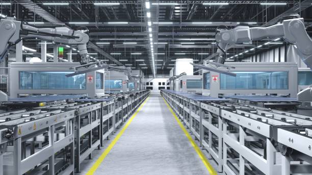 istock Automatized robotic arms in cutting edge solar panel factory, 3D render 1997636030