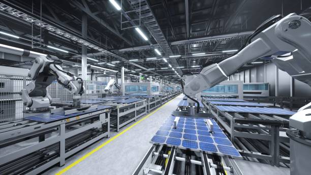 istock Solar panel factory with industrial robot arms, 3D illustration 1997638175