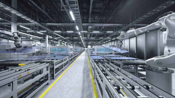 istock Solar panels produced in renewable energy based facility, 3D illustration 1997638705