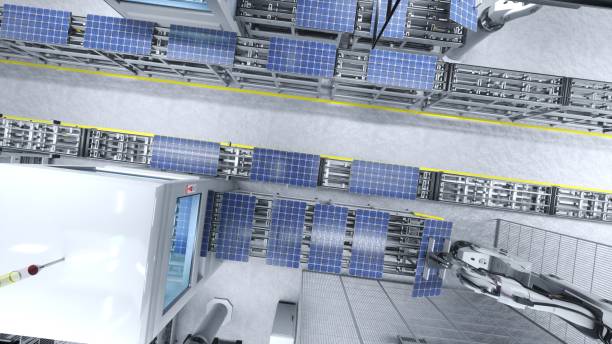 istock Top down view of solar panel factory with industrial robot arm, 3D illustration 1997640955
