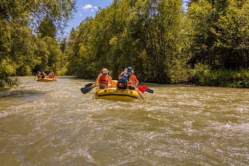 Lesce, Slovenia - July 20, 2023:  rafting in the Sava river, Slovenia