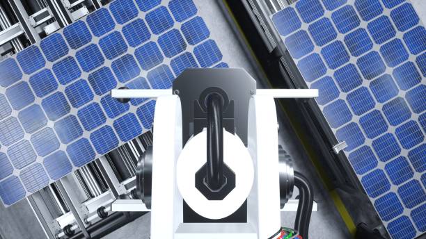 istock Heavy machinery unit placing PV cells on assembly lines , 3D rendering 1997648668