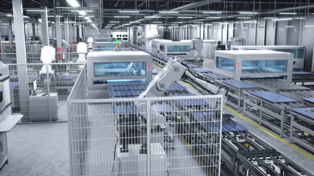 istock Industrial solar panel warehouse with high tech robot arms, 3D illustration 1997651304