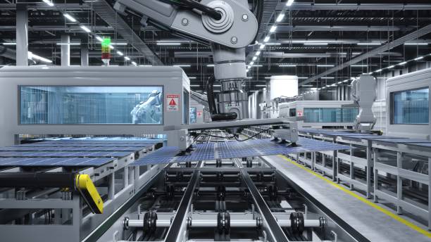 istock Industrial robot arm in cutting edge solar panel factory, 3D illustration 1997652362