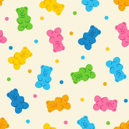 Gummy bear seamless pattern. Sweet jelly candy texture. Colorful vector illustration.