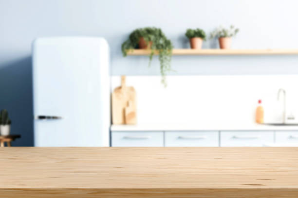 istock Kitchen table wooden board top shelf product presentation 3D template 1997653416