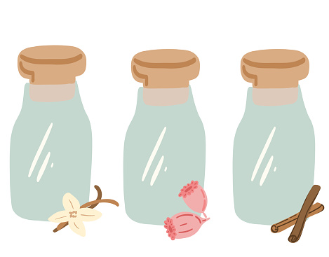 Sweet spices flat design with bottles cinnamon and vanilla. Vector illustration
