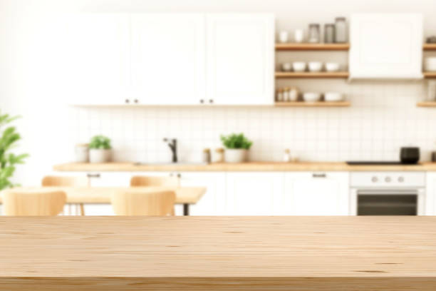 istock Kitchen table wooden board top shelf product presentation 3D template 1997653975
