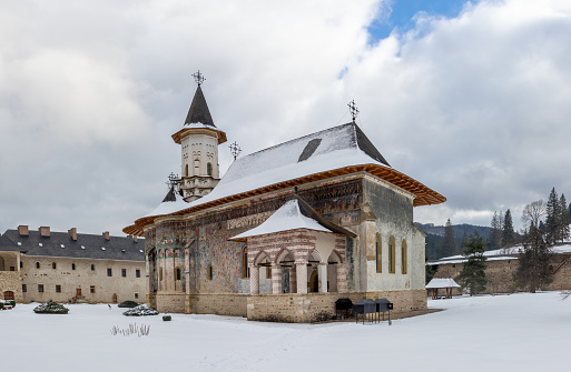The beautiful Sucevita Monastery from Suceava county in Romania on a snowy winter day