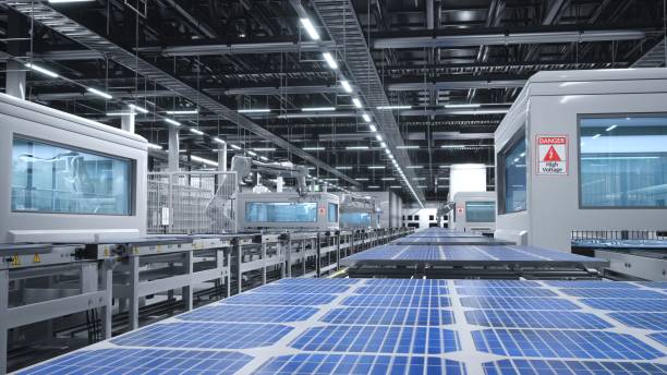 istock Solar panels being moved on conveyor belts in green technology factory, render 1997657261