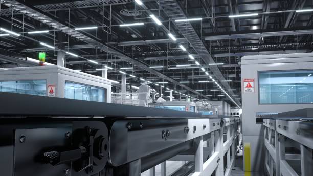 istock Heavy machinery units in high tech solar panel warehouse, 3D illustration 1997657788