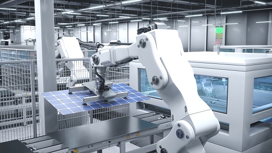 Industrialized solar panel factory with robotic arms placing photovoltaic modules on assembly lines, 3D rendering. Panning shot of manufacturing facility producing solar cells for energy industry