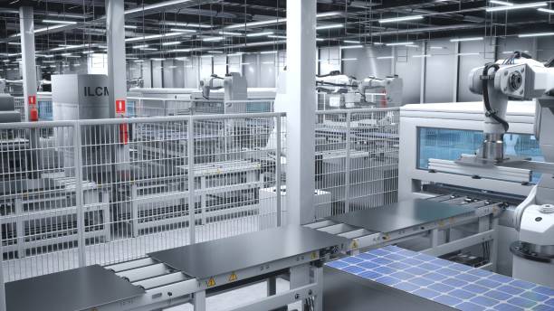 istock Solar panels being moved on conveyor belts during production process, 3D render 1997659429