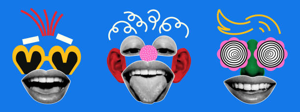 istock Creative set of funny faces in retro collage style. A funny muzzle is assembled from parts of a womanâs face, eyes, lips with a halftone effect, complemented by naive artistic doodles. 1997673579