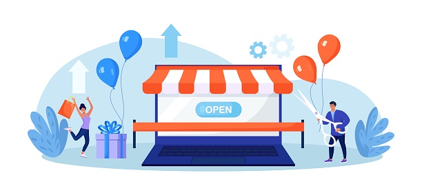 Business owner and entrepreneur start small business or retail shop. New online store, website. Businessman holding scissors in his hand cuts red ribbon Opening internet store