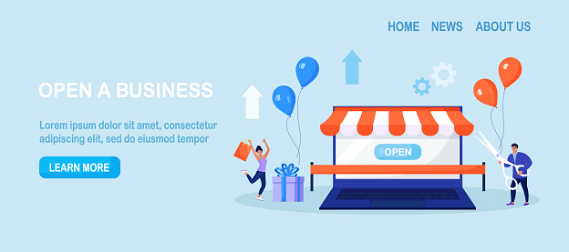 Business owner and entrepreneur start small business or retail shop. New online store, website. Businessman holding scissors in his hand cuts red ribbon. Opening internet store
