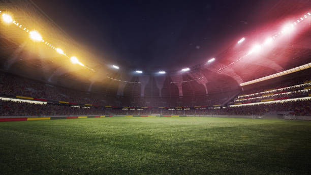 istock Empty soccer stadium with spotlight and fan tribune with Germany flag attributes. 3D render. German football team 1997681437