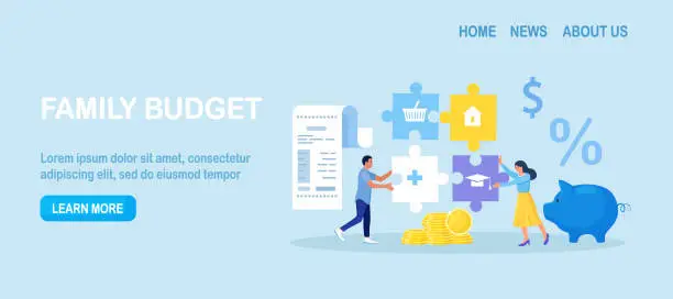 Vector illustration of Family budget planning. Young couple forms the family budget, divides the items of expenditure. Saving money, control household finance