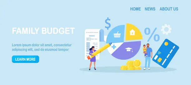 Vector illustration of Personal income and expense management. Family budget strategy, planning. Young couple divides the items of expenditure. Control household finance