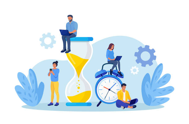 winzige menschen und riesige sanduhr, wecker. team, das zusammenarbeitet. zeitmanagement und businessplanung. zeit ist geld. stichtag. junge mitarbeiter arbeiten in der nähe des zifferblatts einer großen uhr - leitende position stock-grafiken, -clipart, -cartoons und -symbole