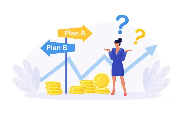Vector illustration of Business difficult choices. Woman trying to make a choice for the road ahead. Uncertainty and doubt. Making decision, career path, work direction or choose the right way to success
