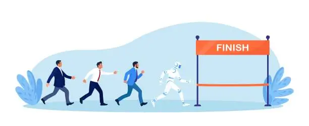 Vector illustration of Ai robot vs man. Business competition. Robot employee competition with human. Artificial intelligence and people running competition together. Future automation. Robotic machine and worker