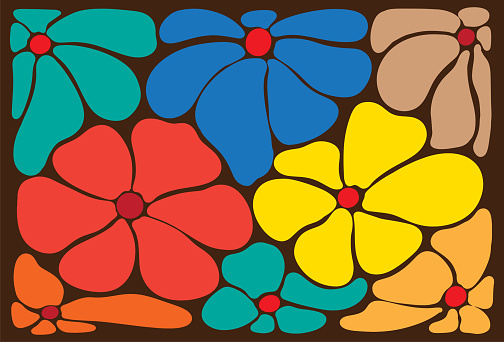 Rounded and wavy flowers art, colorful, funky and groovy retro style. Suitable for framed poster prints, wall art, interior accessory, wallpaper, textile, t shirt design, cards