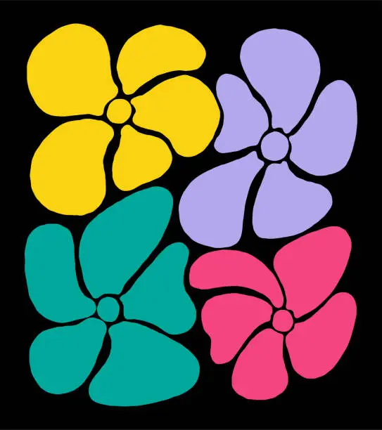 Vector illustration of Wavy and rounded colorful flowers art, funky and groovy retro style on black background