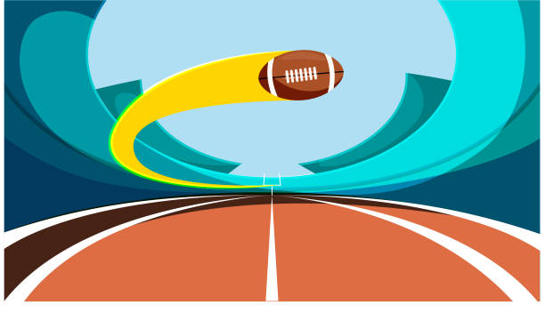 ilustrações de stock, clip art, desenhos animados e ícones de abstract american football ball in motion, flying towards goal posts with dynamic yellow trail over blue swirl background. - rugby cartoon team sport rugby field