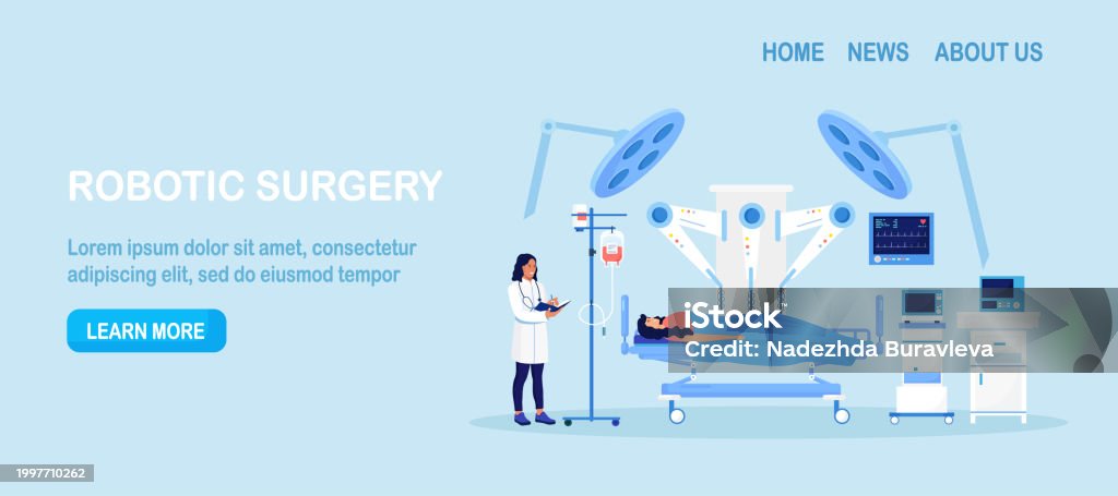 Robotic surgery. Surgeon controlling, manipulating robot arm. Innovative medicine. Medical staff performing operation on patient with help of robotic, automated equipment. Innovation surgical process - Lizenzfrei Gesundheitswesen und Medizin Vektorgrafik Robotic surgery. Surgeon controlling, manipulating robot arm. Innovative medicine. Medical staff performing operation on patient with help of robotic, automated equipment. Innovation surgical process - Lizenzfrei Gesundheitswesen und Medizin Vektorgrafik