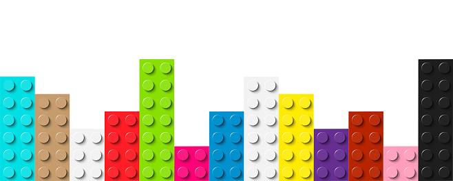 Colored plastic toy bricks on white background. Realistic vector bricks with free space for your text. Abstract banner