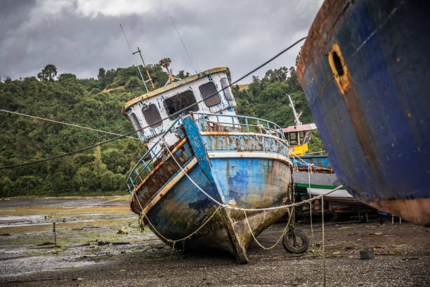 Trawler stranded in Puerto San Antonio on the coast of the Province of Rio Negro in Argentina