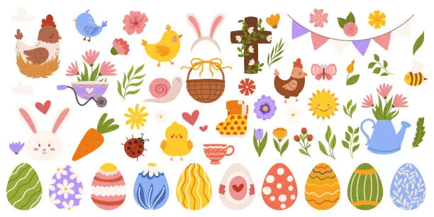 Vector illustration of Easter big collection with different elements on theme - painted eggs, bunny, chickens and flowers, cross. Hand drawn vector flat elements.