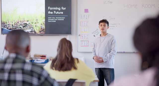 Classroom presentation, screen and child talking, discussion or explain education study, student project or research report. Gesture, high school or class listen, attention and lecture on eco farming