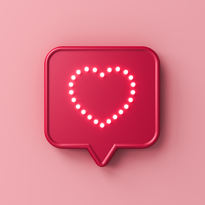 3d social media notification like heart icon on red rounded square pin isolated on white background