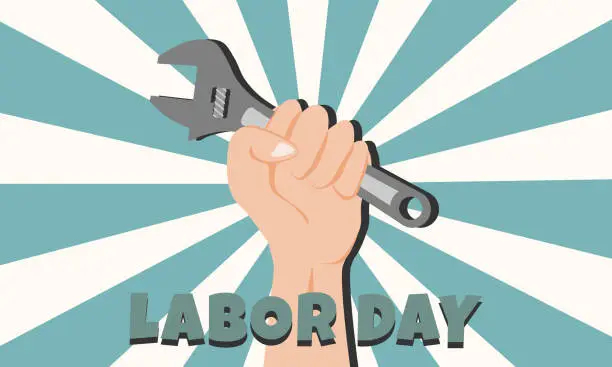 Vector illustration of Worker hand with adjustable wrench. Labor day concept. Vector illustration.