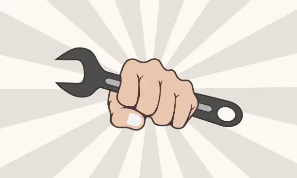 Vector illustration of Worker hand holding wrench. Labor day concept. Vector illustration.