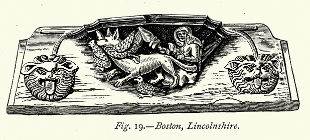 Vintage illustration Fox stealing poulty, woman spinning, Medieval wood carving from a church stall, Boston, Loncolnshire