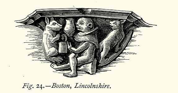Vintage illustration Monkey and dogs or foxes, Medieval wood carving from a church stall,  Boston, Lincolnshire