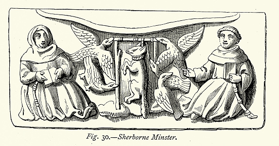 Vintage illustration Monks, Birds hanging a fox, Medieval wood carving from a church stall, Sherbourne Minster