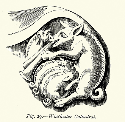 Vintage illustration Pig, Sow with piglets, playing trumpet, Medieval wood carving from a church stall,  Winchester cathedral