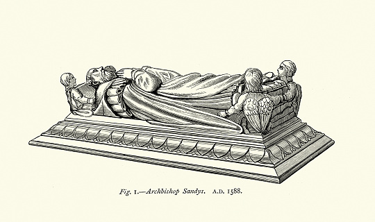 Vintage illustration Tomb effigy of Edwin Sandys Anglican Bishop of Worcester, London and Archbishop of York during the reign of Elizabeth I of England, 16th Century