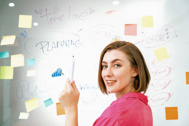 istock Businesswoman puts sticker on glass board while finding a solution. Immaculate. 1997745374