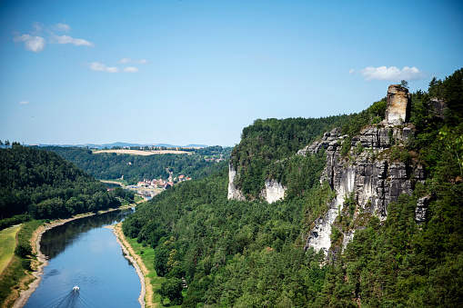Saxon Switzerland with a view of the Elbe near Rathen.